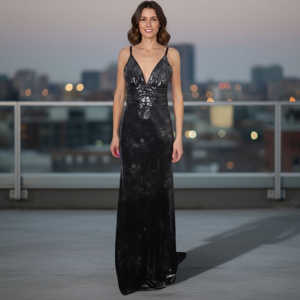 Elegant Black Sequin V-Neck Maxi Dress